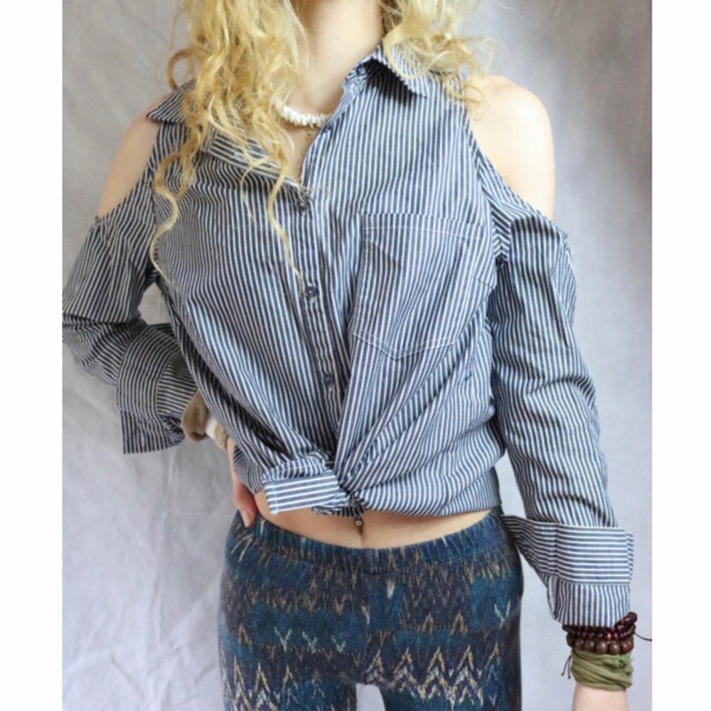 Stripe Button Down Cold Shoulder Long Sleeve Top ! - image 1